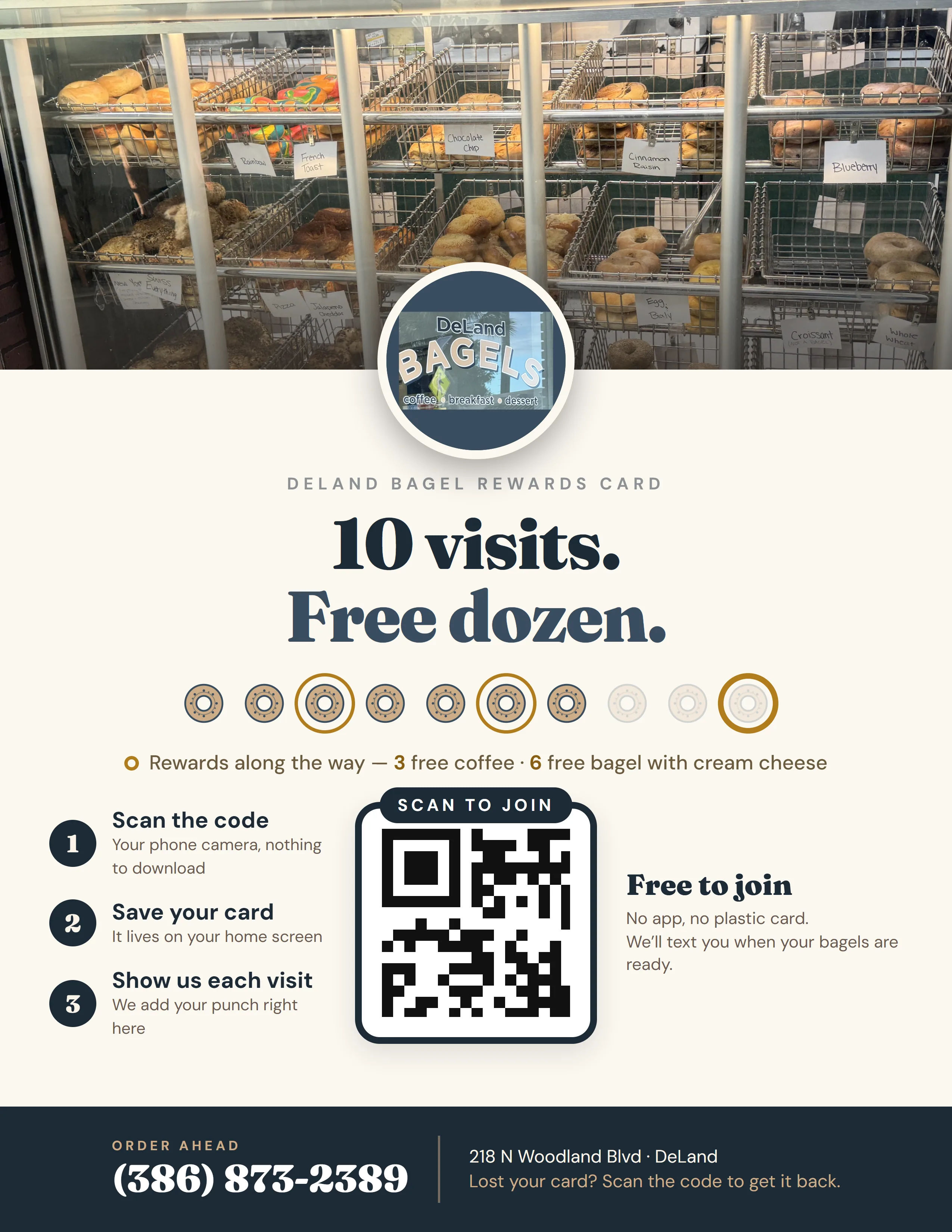 DeLand Bagel rewards counter sign customer side
